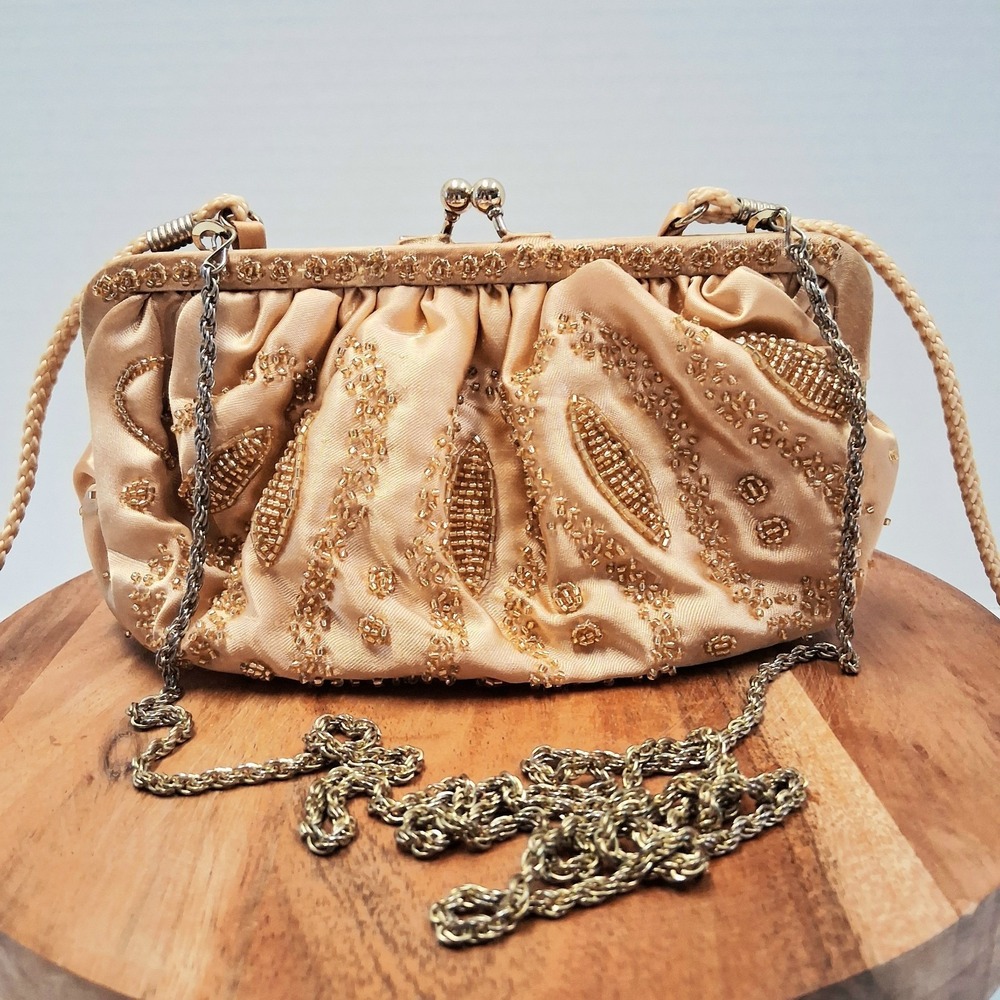 Vintage La Regale Gold Satin Beaded Evening Coin Clutch Purse Kisslock Closure